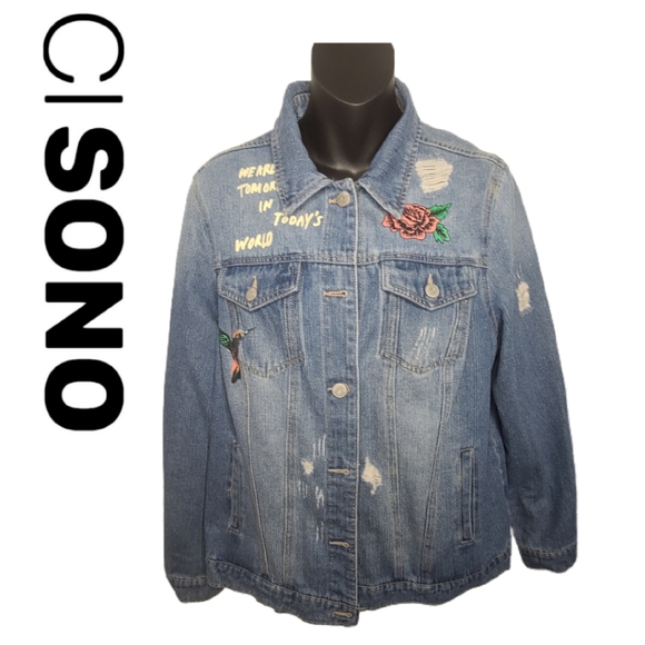 CI SONO DISTRESSED PAINTED/APPLIQUE JEAN JACKET - Picture 2 of 6